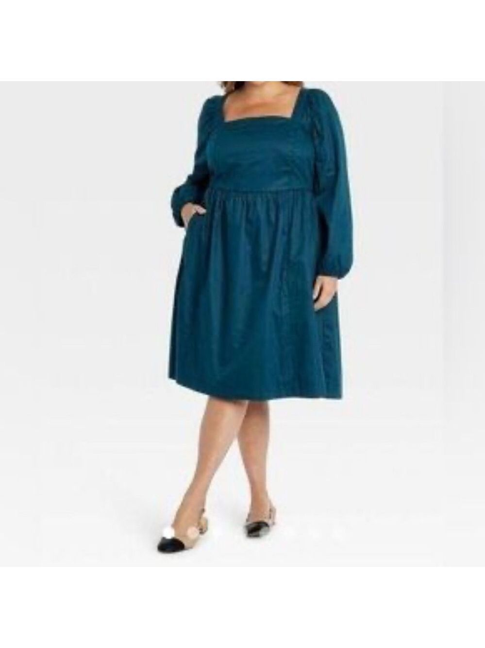 Blue Long Sleeve Sundress with Square Neckline